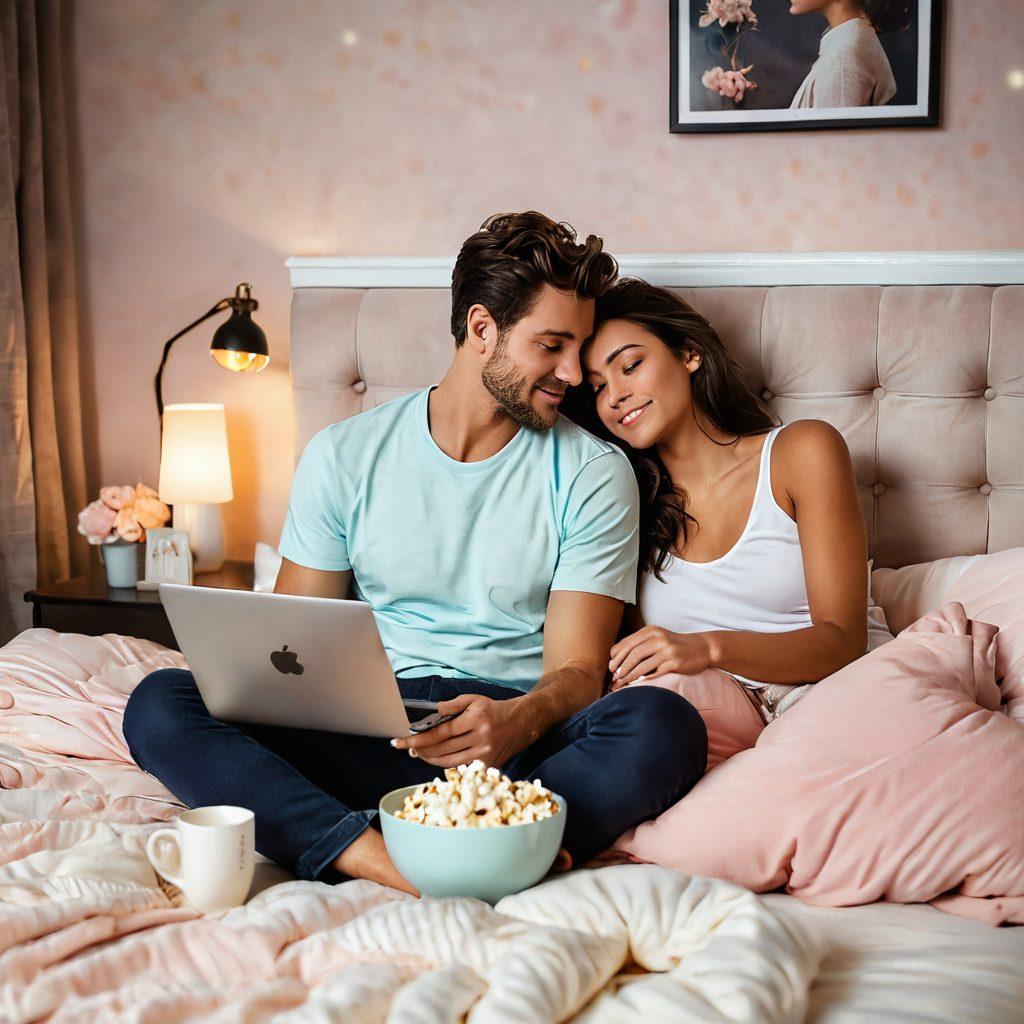 A cozy, intimate bedroom scene featuring a couple sharing a tender moment, surrounded by soft lighting and playful decor. Include elements like a bowl of popcorn and a laptop open to a streaming service, symbolizing the exploration of adult films. Capture the warmth of connection and emotional depth in their expressions. Romantic ambiance with gentle, inviting colors. soft-focus, warm pastel colors, illustration.