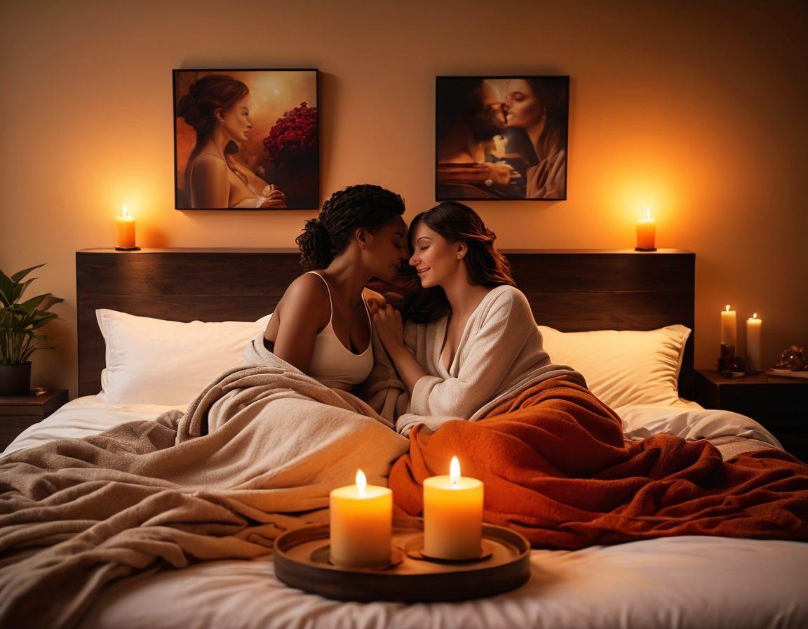 A cozy, modern bedroom with warm lighting where a couple sits together, exploring intimate elements such as romantic books and tasteful adult toys. The atmosphere is inviting, with soft blankets and candles, illustrating the blend of fantasy and reality in their relationship. The couple appears engaged and happy, surrounded by colorful, artistic interpretations of desire and connection. super-realistic. warm tones. inviting ambiance.